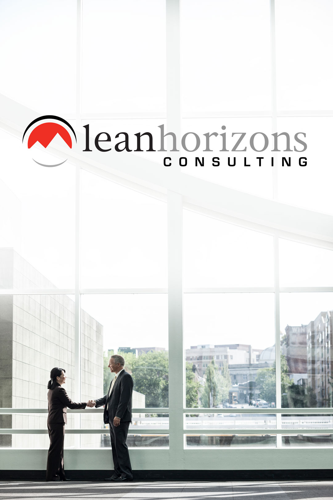 Business people shaking hands under the Lean Horizons Consulting Logo